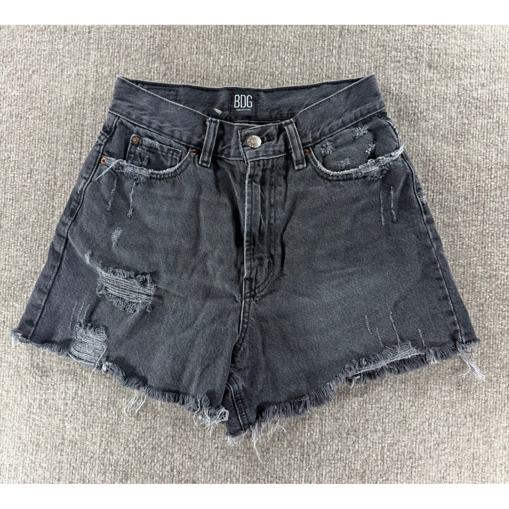BDG Urban Outfitters Black Distressed A-Line Denim Shorts 27 High Rise Raw Hem
